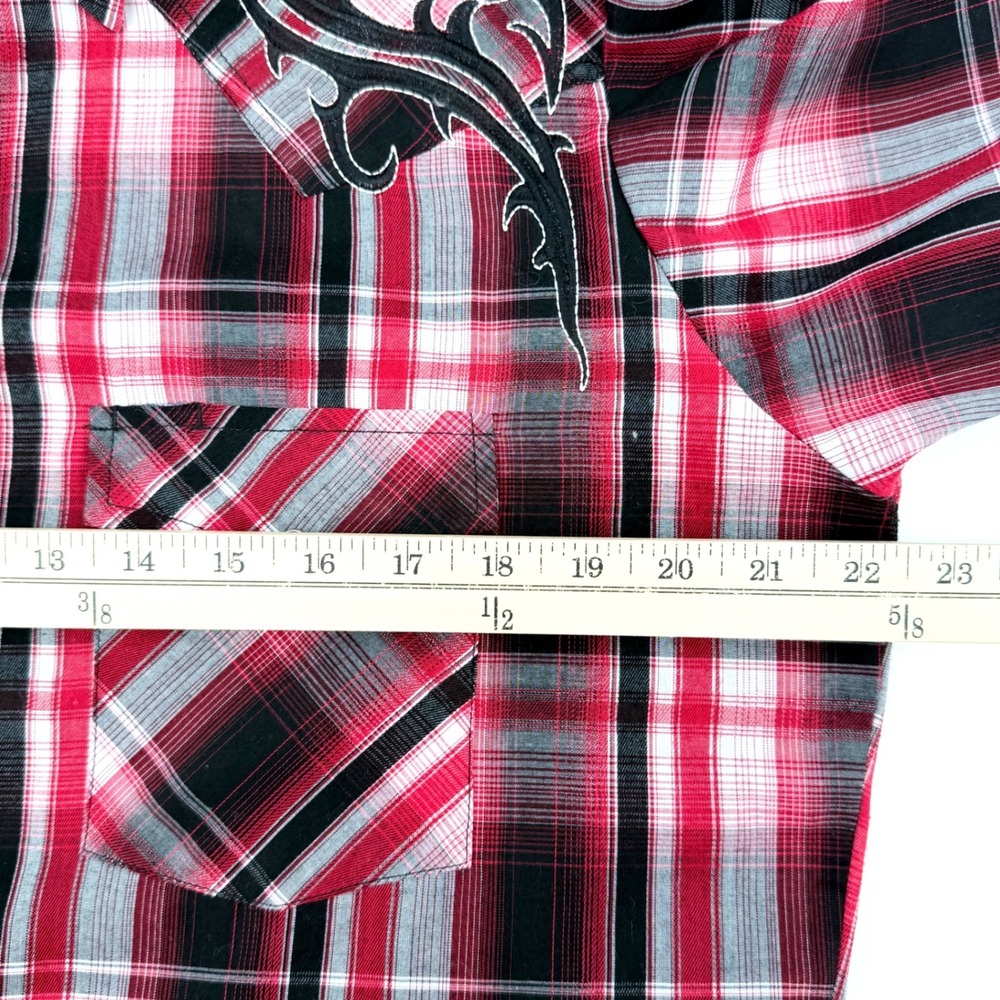Ely Cattleman Western Shirt Mens M Red Black Plaid Black Pearl Snaps Embroidery - Picture 8 of 10